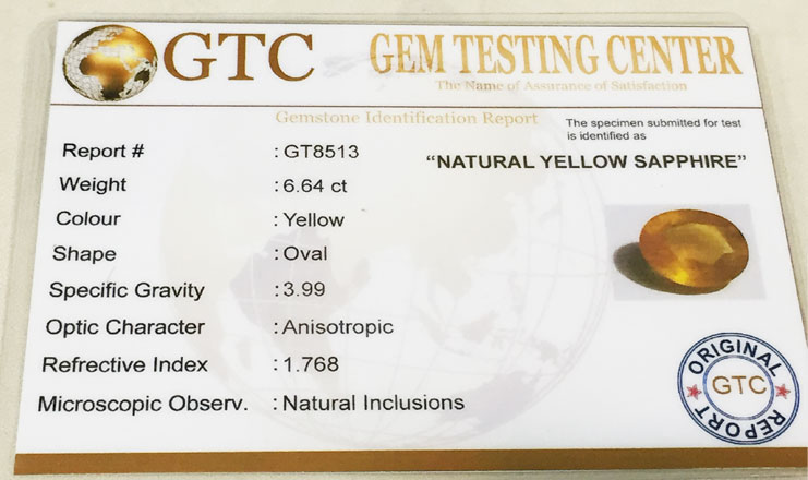 6.64 ct/7.37 ratti Natural Certified Bangkok Pukhraj/Yellow Sapphire